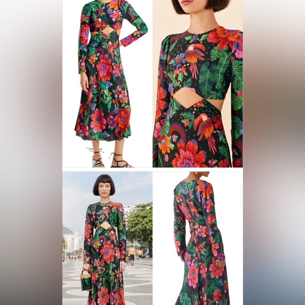 Farm Rio long sleeve cutout tropical dress